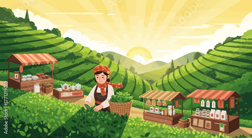 Scenic tea plantation with local market offering harvested product and traditional wares