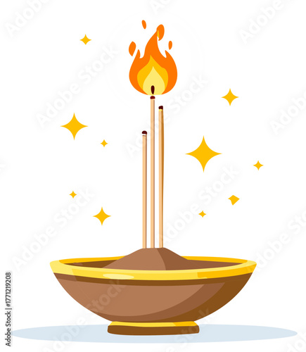 Aromatic burning incense sticks in a traditional censer for a spiritual ceremony