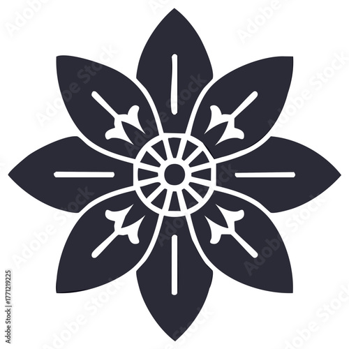Stylized eight-petal floral emblem icon, traditional ornamental oriental design