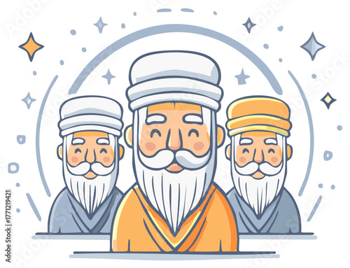 Cartoon Wise Men Smiling with Hats and Beards Around Stars and Arc