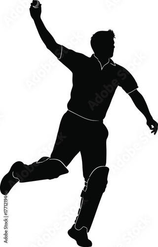 Silhouette of a cricket bowler in action during a game