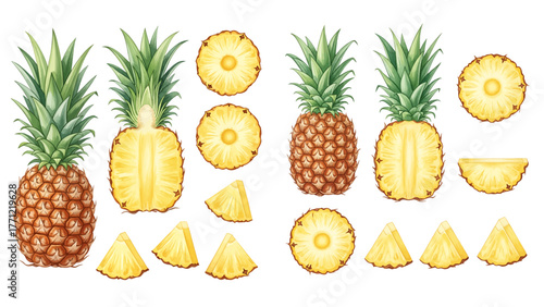 A vibrant collection of illustrated pineapples, showcasing whole fruits alongside various cuts like halves, rings, slices, and wedges.
