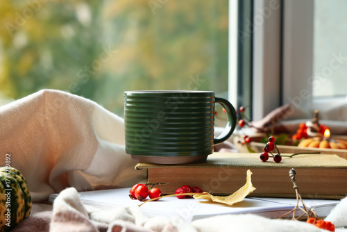 Cozy autumn window scene wi...