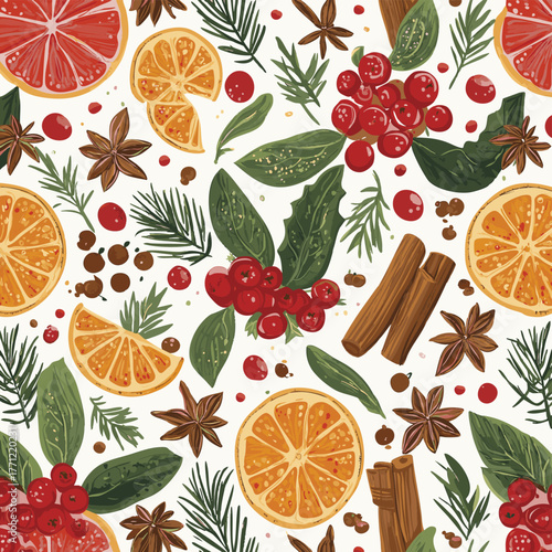 Christmas Botanical Pattern. Seamless Christmas Pattern with berry, Cinnamon, and Orange Slices. Holiday Decor Background.