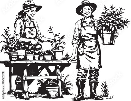 Two gardeners with potted plants and table, black and white vector for lifestyle, seasonal, and editorial campaigns