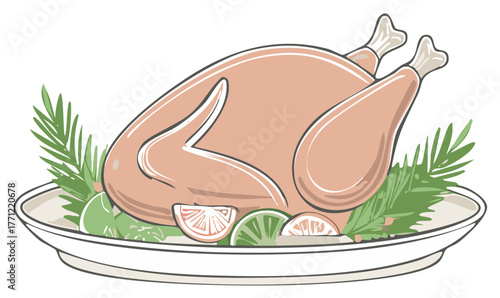Roasted turkey with herbs and citrus, served on a platter, holiday food illustration.