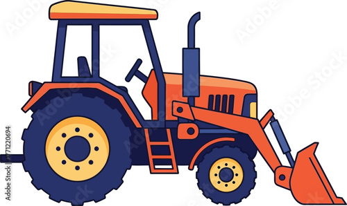 Orange tractor with front loader powerful agricultural machinery for farm work and construction isolated on transparent background
