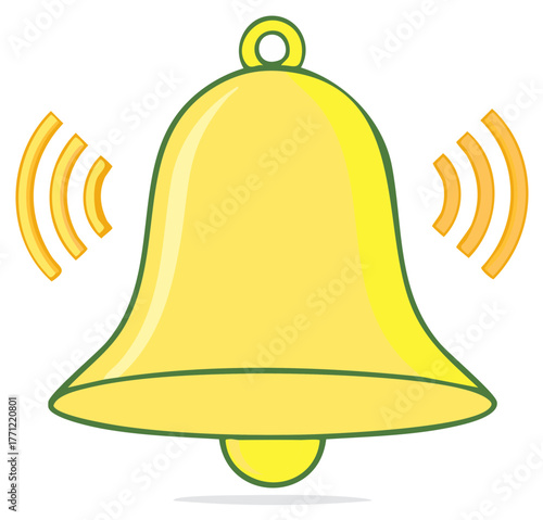 Illustration of a bell, yellow in color with sound wave graphic emanating from either side, simple graphic art style