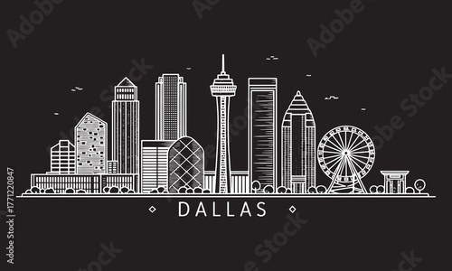 Dallas Skyline Sketch with Reunion Tower, Bank of America Plaza, and Margaret Hunt Hill Bridge – Cultural Art for Travel, Tourism, and Wall Decor Use