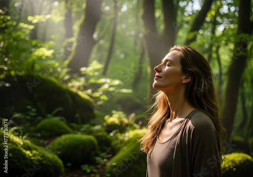 Serene woman breathing fresh air in a lush, sunlit forest