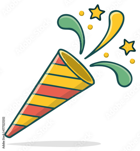 Festive striped party popper icon with colorful confetti and stars exploding for celebrations.