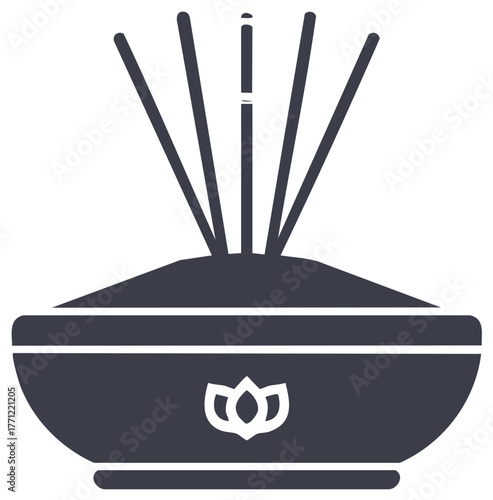 Burning incense sticks in a bowl with lotus icon representing aromatherapy and meditation