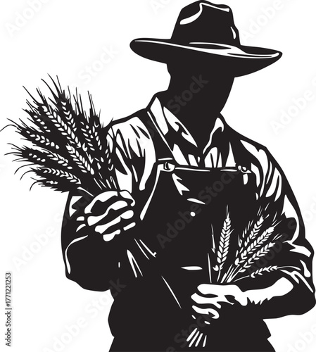 Farmer in hat and overalls holding wheat bundles, black and white vector for agriculture, labor, and seasonal campaigns