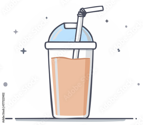 Minimalist line art vector of a fresh smoothie or milkshake in a plastic takeaway cup with a dome lid