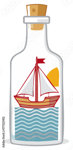 Cartoon sailboat in a glass bottle with waves and sun illustration