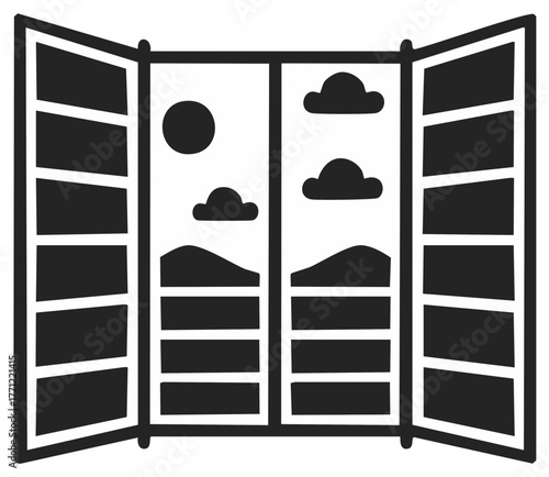 Open window view landscape simple vector illustration Sun, clouds, and mountains seen through the window frame.