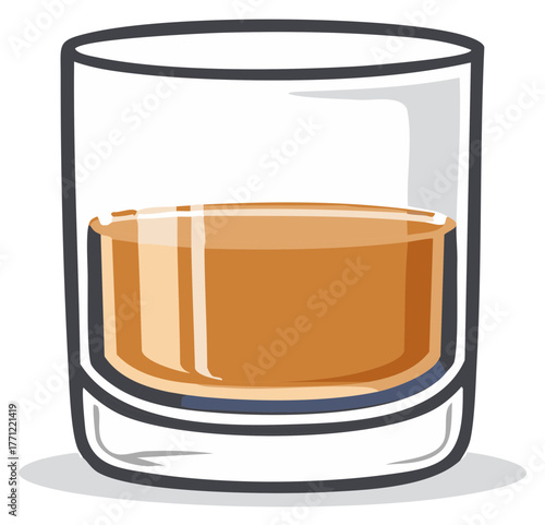 Simple clean cartoon drawing of an old fashioned glass with amber alcohol like whiskey or bourbon