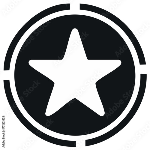Star Icon Inside Circle with Interrupted Border - Black and White Symbol Graphic