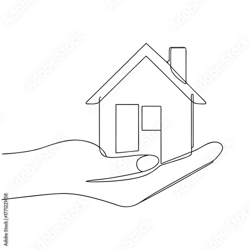 Minimalist 3D house model on a white and black background illustrating the real estate and construction concept