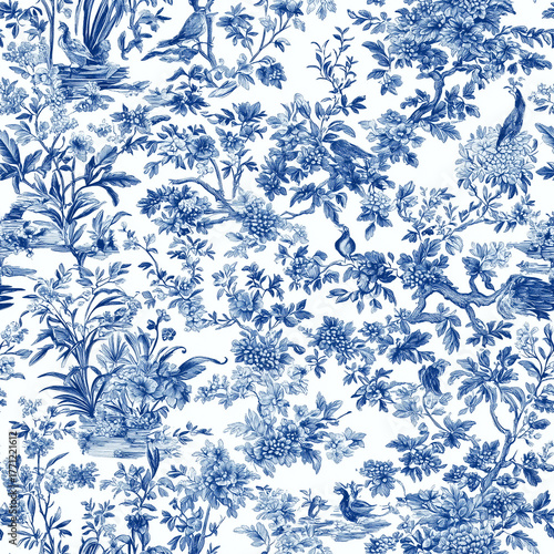 A classic toile de Jouy pattern in shades of blue and white, depicting pastoral scenes and intricate floral borders