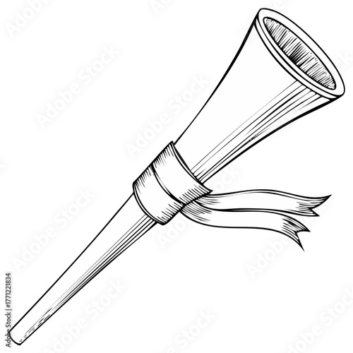 Monochrome herald trumpet with decorative ribbon, classic musical instrument line art illustration