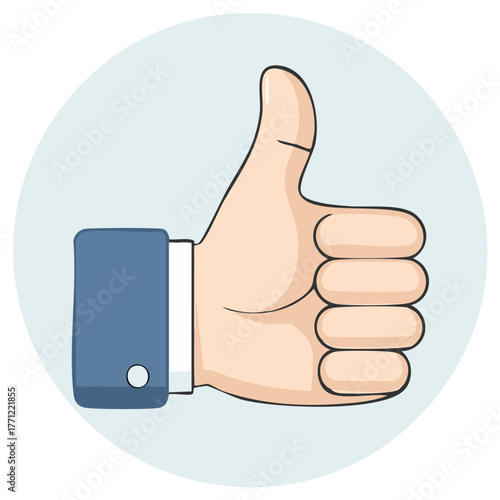 Cartoon Hand Gesture Thumb Up Represents Approval and Agreement Symbol Against Light Blue Circle