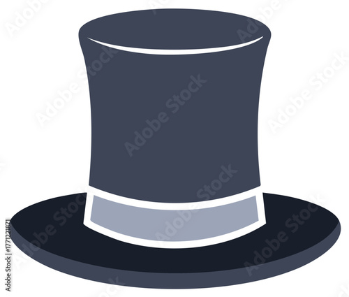 Stylized black top hat icon illustration. Men's formal headwear with ribbon. Dressy attire accessory symbol.