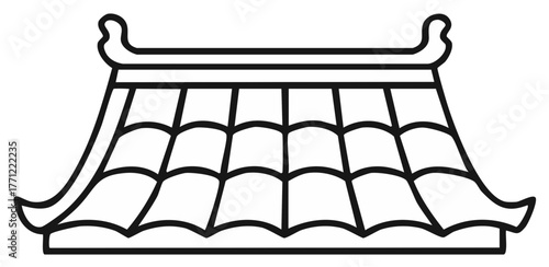 Outlined illustration of a traditional Asian roof with decorative upturned edges, tiles.