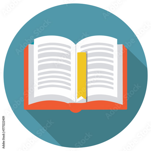 Modern graphic illustration of an open book with yellow bookmark for reading education and wisdom