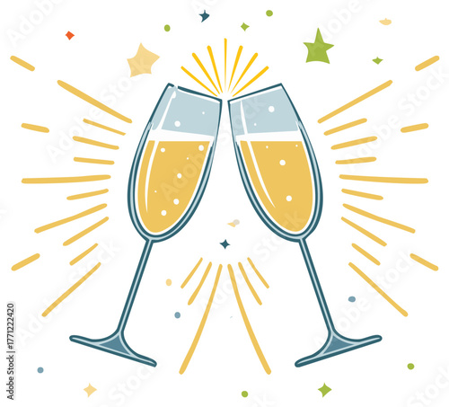 Two Champagne Flutes Clinking Toast with Sparkling Bubbles Confetti and Stars Illustration