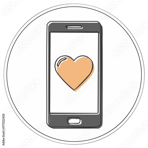 Hand drawn icon of a smartphone with a heart symbol for a dating app or social media