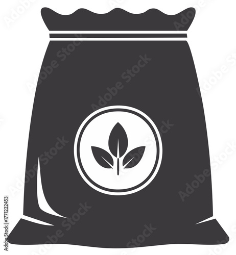 Fertilizer packaging icon showing growth, a bag with leaves represents farming and agriculture products for plant care needs