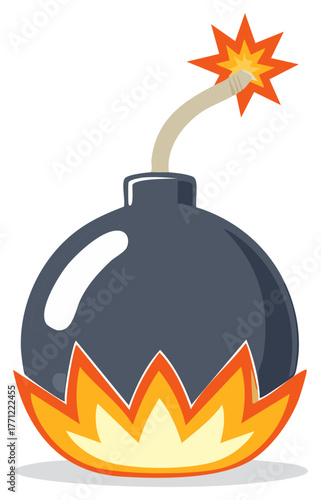 Cartoon illustration of a lit bomb with fire. Explosive war concept in a flat design.