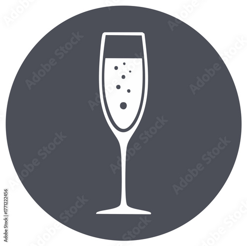 Stylized champagne flute icon with effervescent bubbles inside a dark gray circle