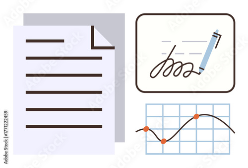 Paper with text, pen signing signature, and line graph highlighting data analysis. Ideal for business, finance, contracts, analytics, reports decision-making strategy. Simple flat metaphor