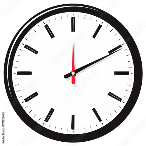 Clock face with hour, minute and second hands indicating time, black frame, white background
