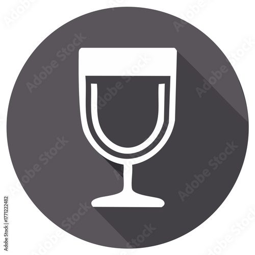 Wine Glass Icon, White Silhouette with Long Shadow, Gray Circle Background