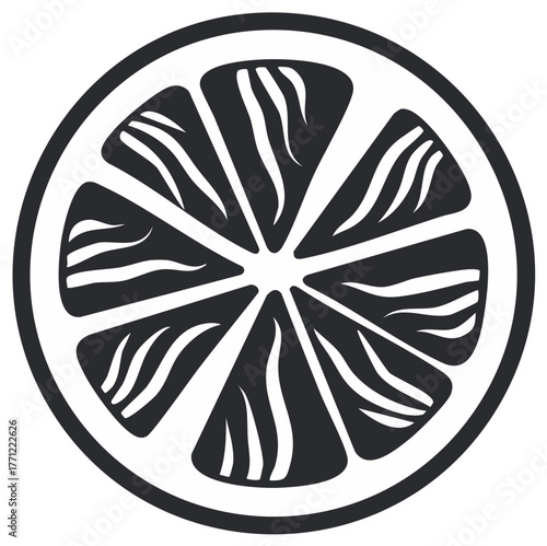 Black and white graphic of a citrus fruit slice with a simple design.
