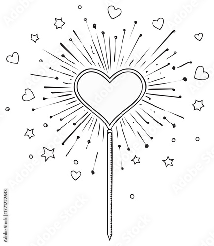 Heart Shaped Sparkler Illustration with Burst Lines and Floating Hearts and Stars
