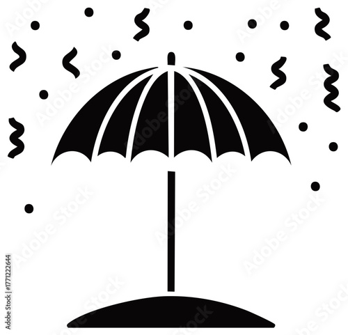 Festive umbrella symbol with falling confetti and dots for celebration parties and events