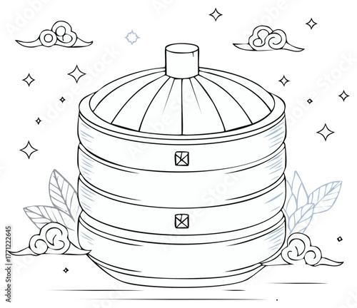 Illustration of a traditional steamer with clouds, stars, and leaves, in black and white.