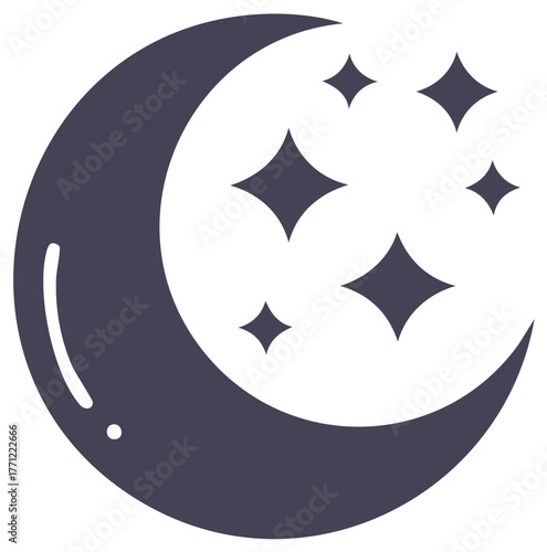 Crescent moon with stars, night sky, magic icon, dream symbol, sleep concept, simple vector design, isolated