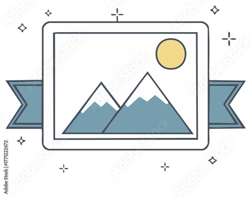 Artistic landscape artwork framed with a decorative ribbon and sparkling embellishments