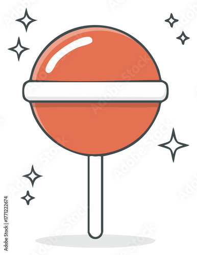 Cute cartoon round red lollipop candy with sparkles vector illustration