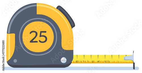 Illustration of a Yellow and Gray Measuring Tape with Retracted Strip on White Background