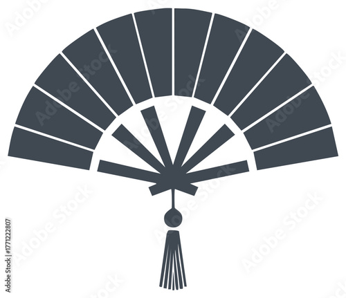 Elegant Asian Fan with Tassel in Gray, Cultural Symbol, Oriental Decoration Element