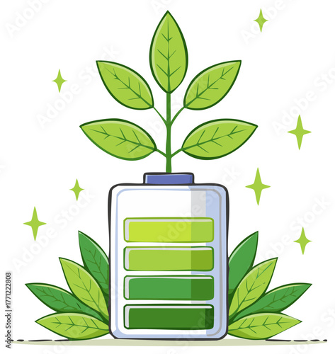 Vibrant green plant sprouts from a charged battery, representing eco-friendly sustainable energy.