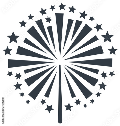 Abstract firework burst icon with radiating lines and surrounding star shapes