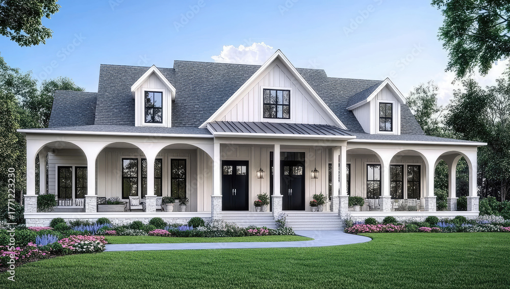 Obraz premium Modern farmhouse exterior with large arched porch, white siding, black doors, manicured lawn, and charming country style design surrounded by trees – created with AI