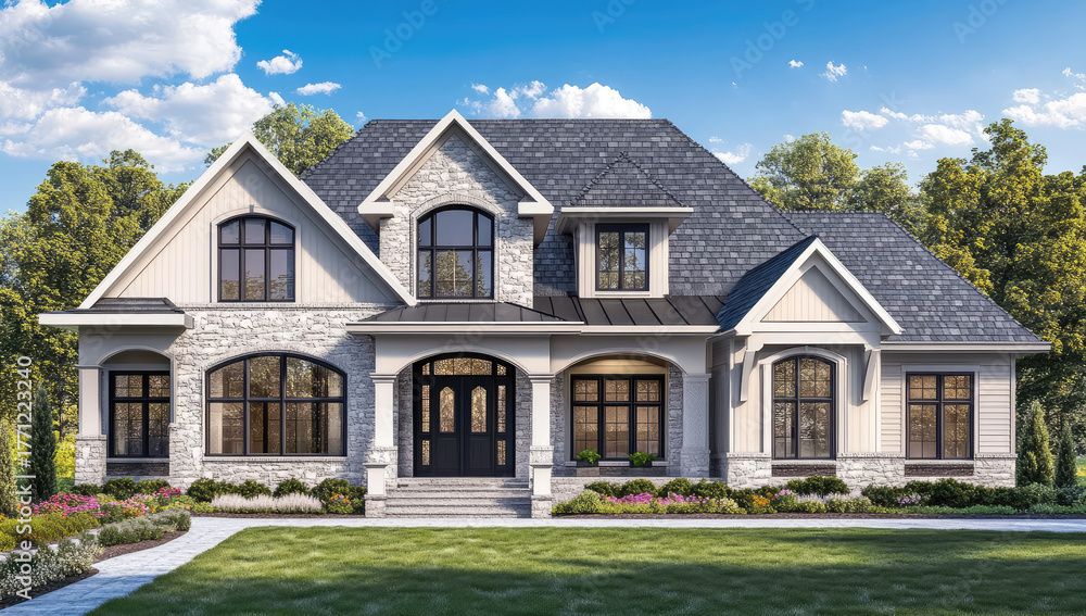 Obraz premium Elegant luxury house exterior with stone facade, arched windows, black front door, manicured lawn, and symmetrical architectural design under blue sky – created with AI
